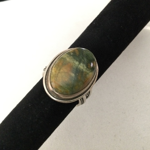 Vintage Jasper Cabochon & Silver Ring Stamped Sterling Circle M - Louis J. Meyer - Picture 9 of 9